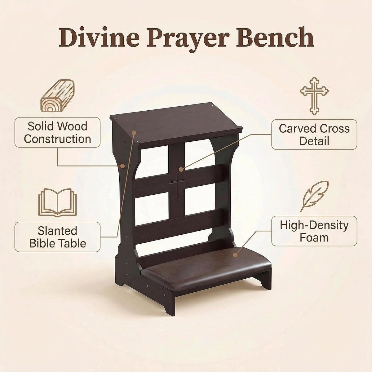 Prayer Kneeler Wooden Bench Stool with Padded Cushion and Storage Shelf - Heavy Duty Solid Wood Prayer Kneeler for