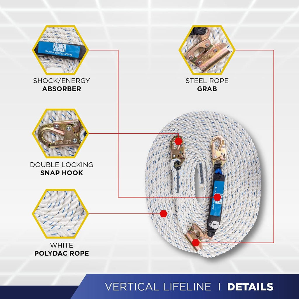 Vertical Lifeline Assembly - 50FT Rope Harness Safety Lanyard with Rope Grab - Fall Protection Kit