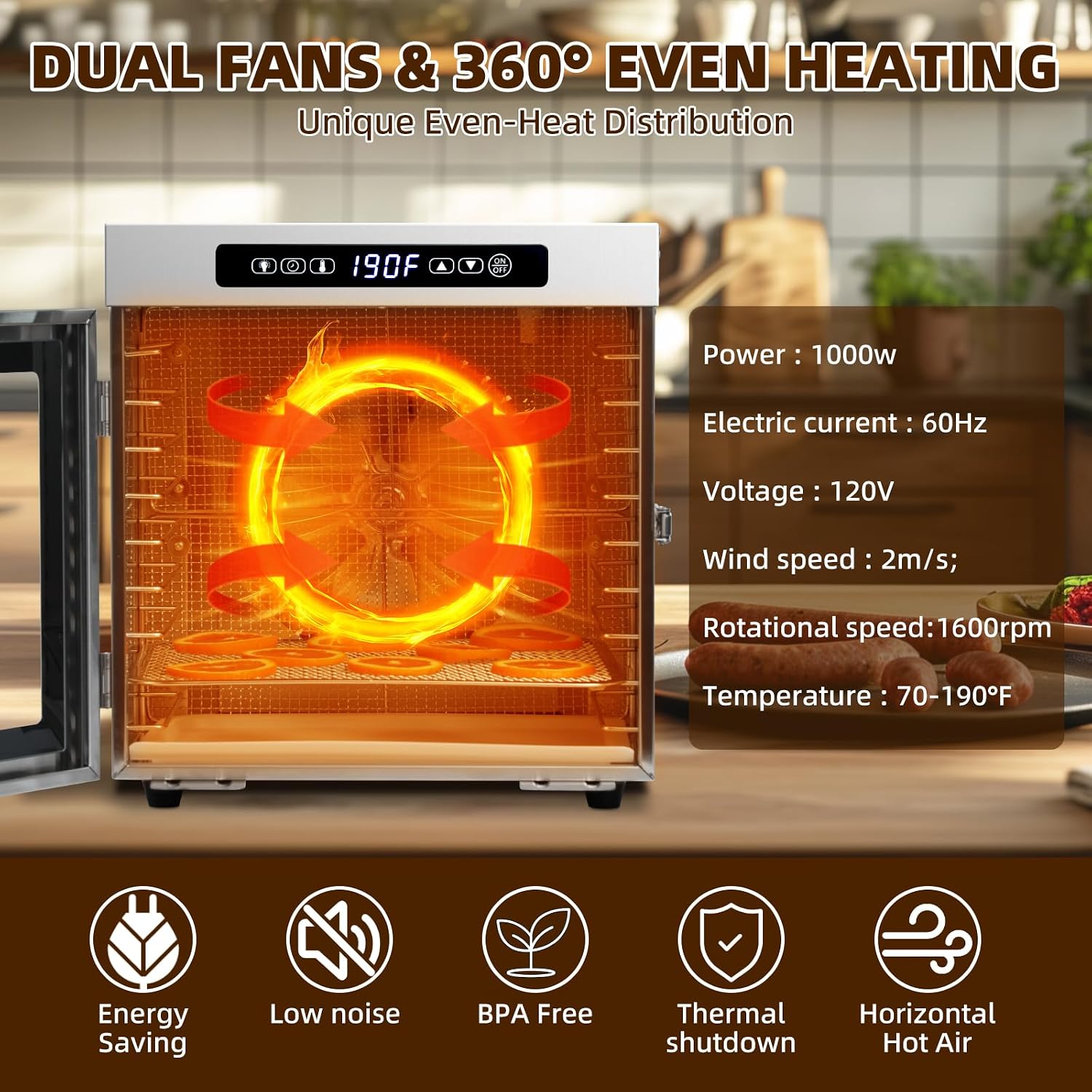 Meat Dehydrator for Jerky Maker 9 Trays 1000W Dryer Machine for Fruit Beef