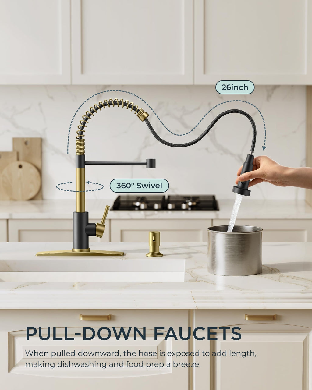 FORIOUS Kitchen Faucets, Pull Down Sprayer, Classic High Arc, Black Gold