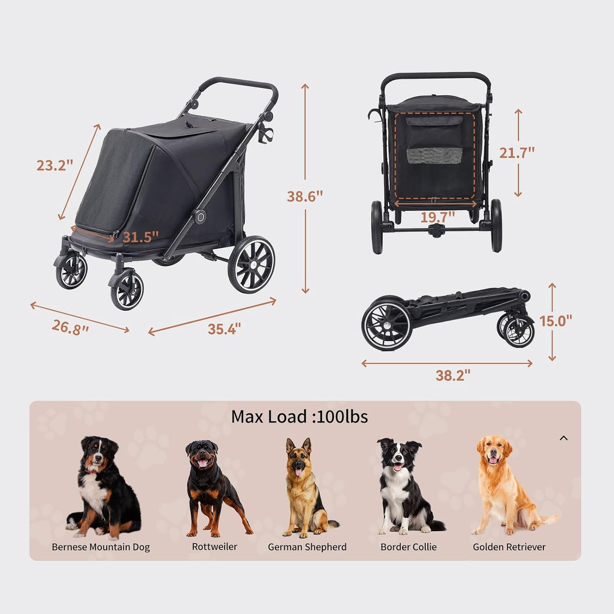 Dog Stroller for Large Dogs (Black, Large Pet Stroller)