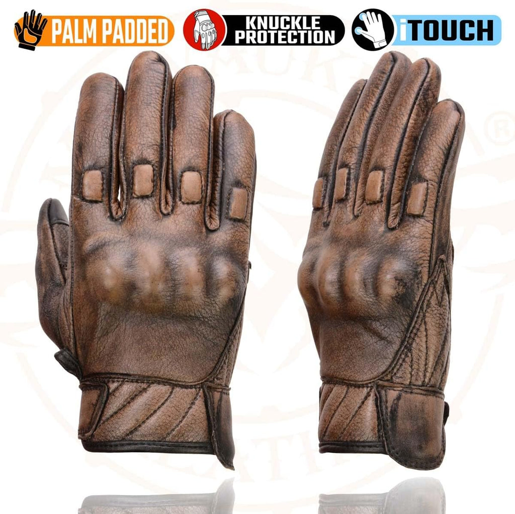 MG7514 Men's Brown Leather with Gel Palm Motorcycle Gloves W/Protective Knuckle