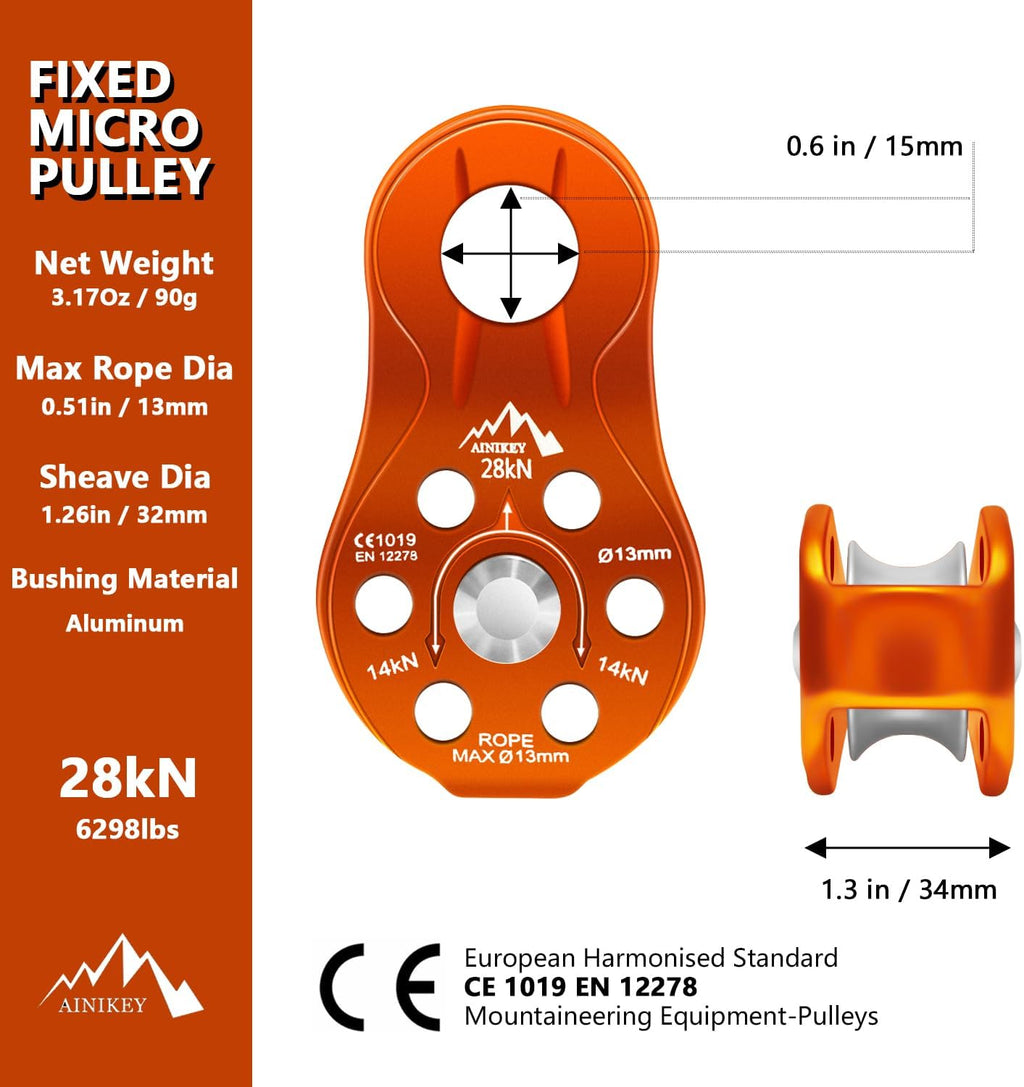 Fixed Plate Micro Pulley, 28KN CE Certified General Purpose Small Aluminum Rope Pulleys Slack Tender for