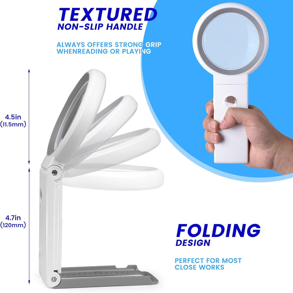 Magnifying Glass with Light and Stand, Foldable Handheld Magnifying Glass 18 LED Illuminated Lighted Magnifier for