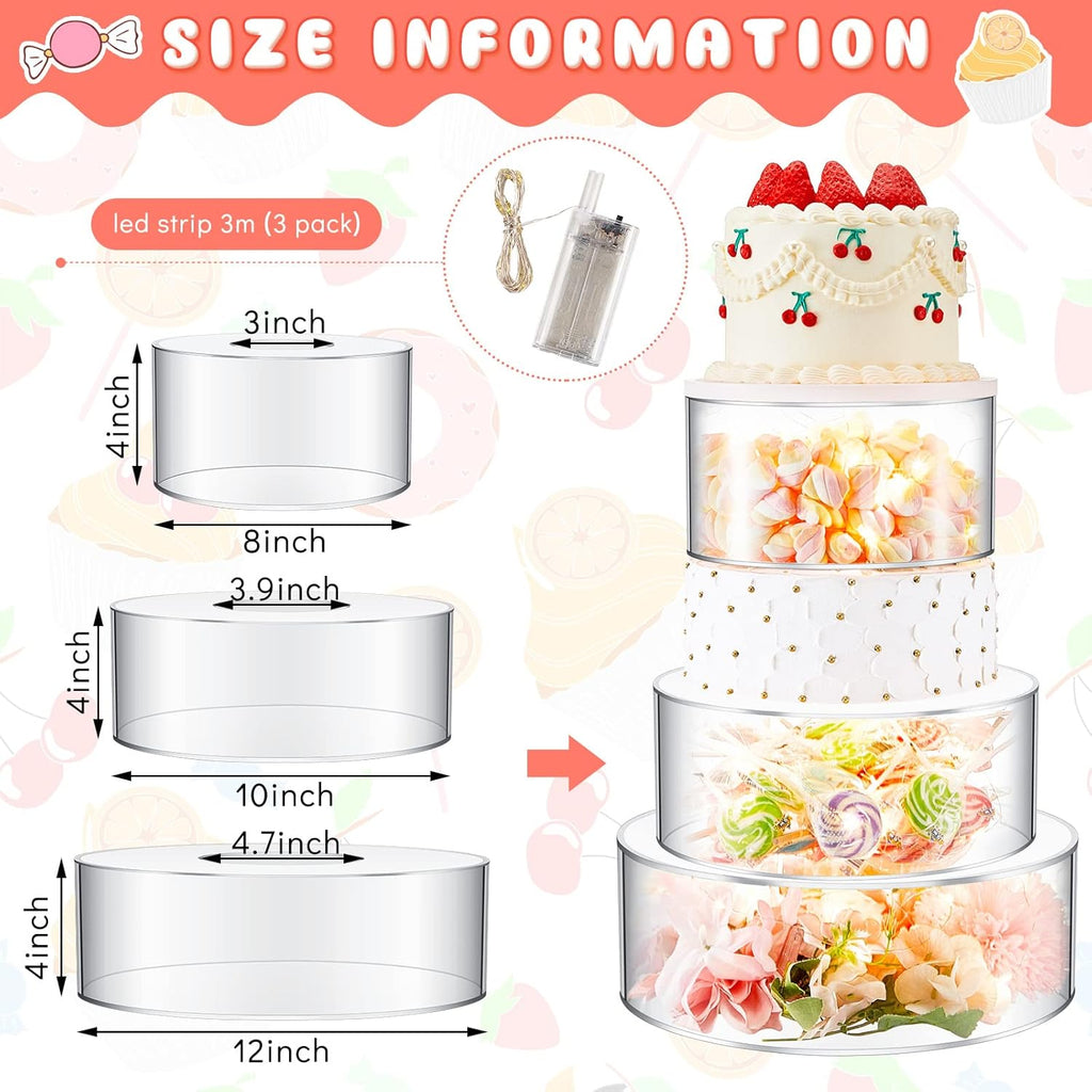 3 Pcs Acrylic Cake Stand with LED Lights 8'', 10'', 12'' Clear Fillable Cake Riser Round 3 Tier Case Box for Wedding