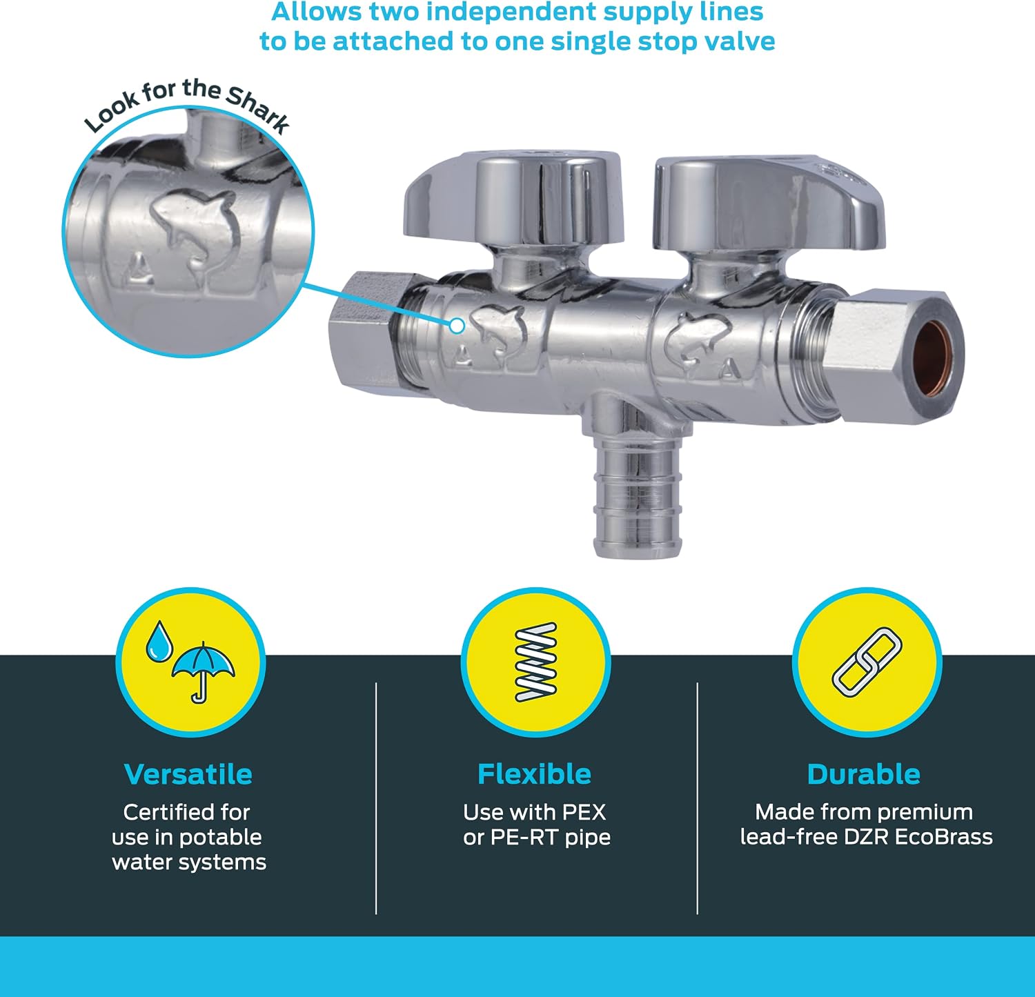 1/2 x 3/8 x 3/8 Inch Brass Crimp Angle Stop Valve, Dual Shut Off, Quarter Turn, PEX Pipe, PE-RT, UCDS123838Z