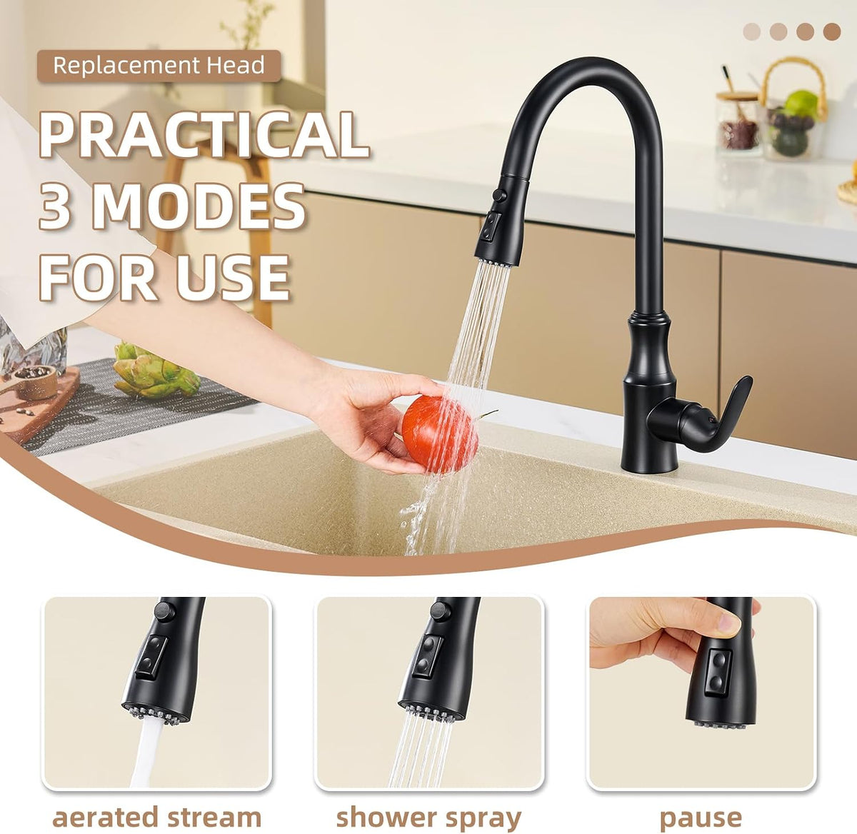 Kitchen Faucet Head, Sink Sprayer Replacement, Matte Black