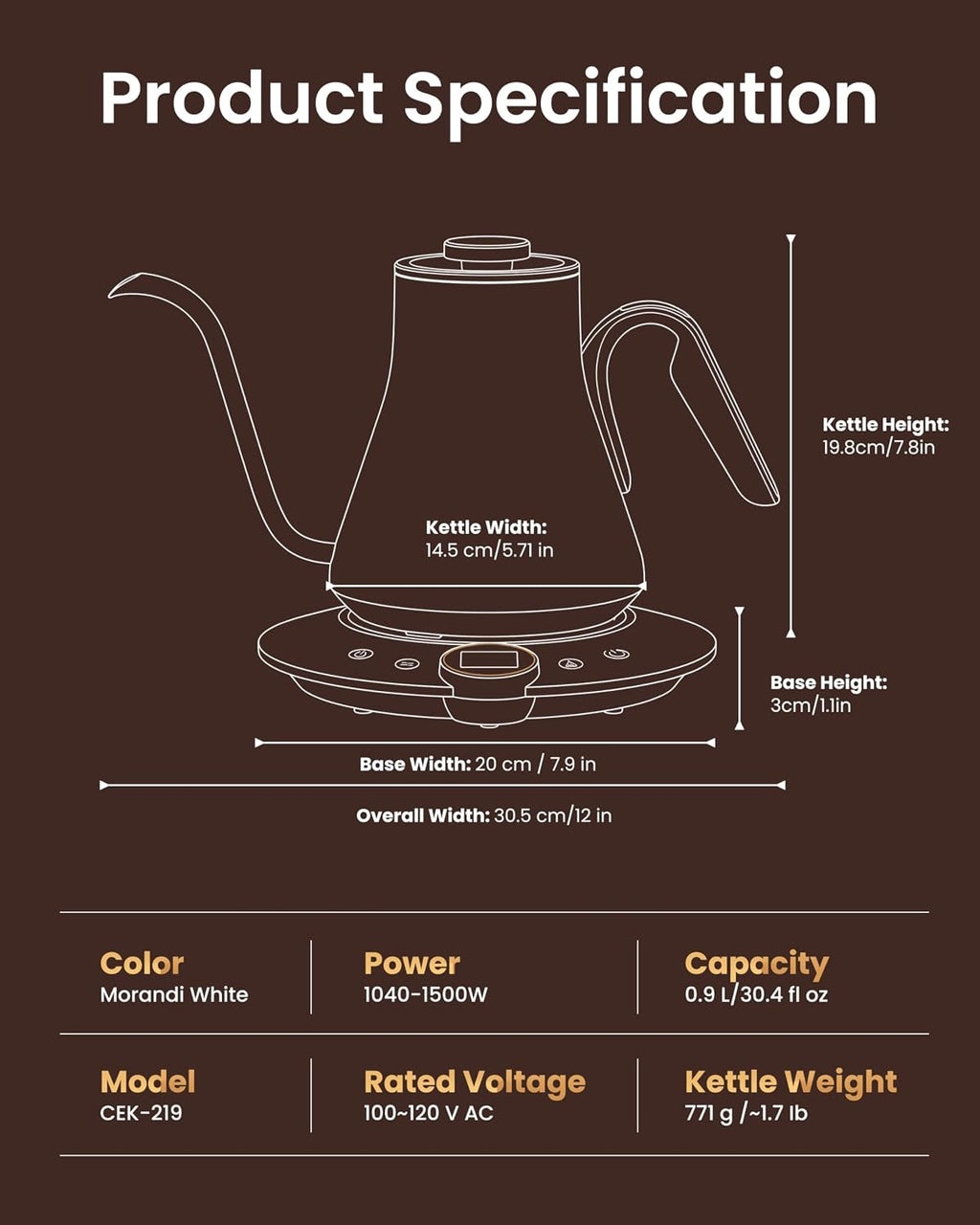 Gooseneck Electric Kettle, ±1℉ Temperature Control, Stainless Steel Inner, Quick Heating, for Pour Over Coffee, Brew