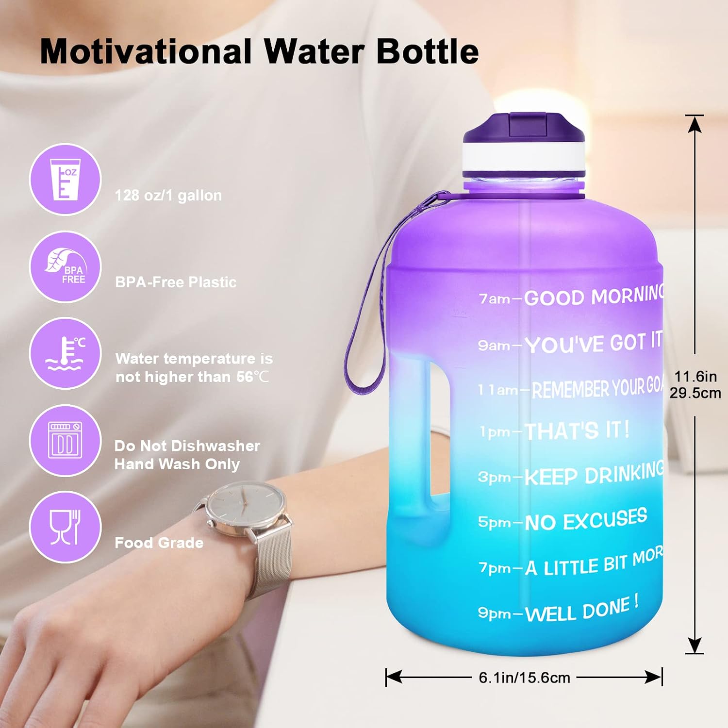 Motivational Gallon Water Bottle - with Straw & Time Marker BPA Free Large Reusable Sport Water Jug with Handle for