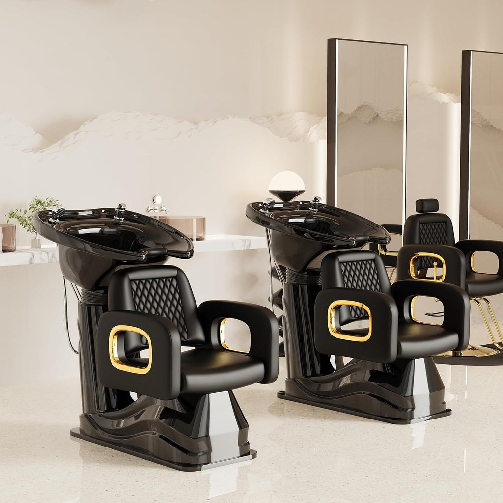 Black and Gold Shampoo Chair, Professional Shampoo Bowl and Chair Set for Salon, Comfortable Barber Backwash Chairs