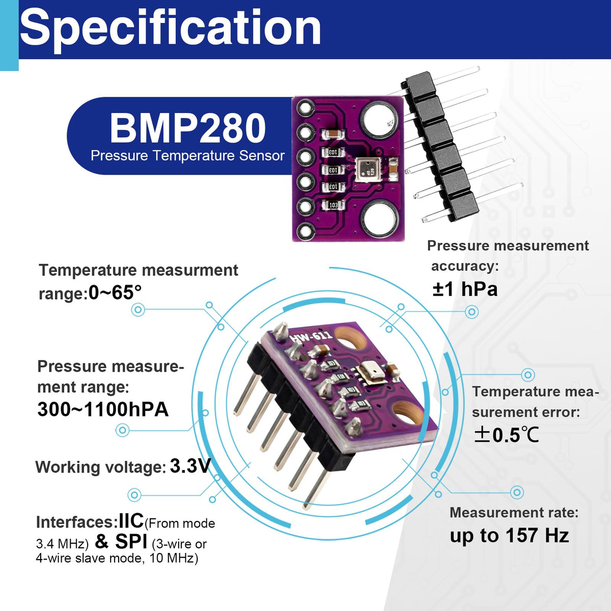 6 Pack BMP280 Atmospheric Pressure Sensor Modules, 3.3V I2C/SPI