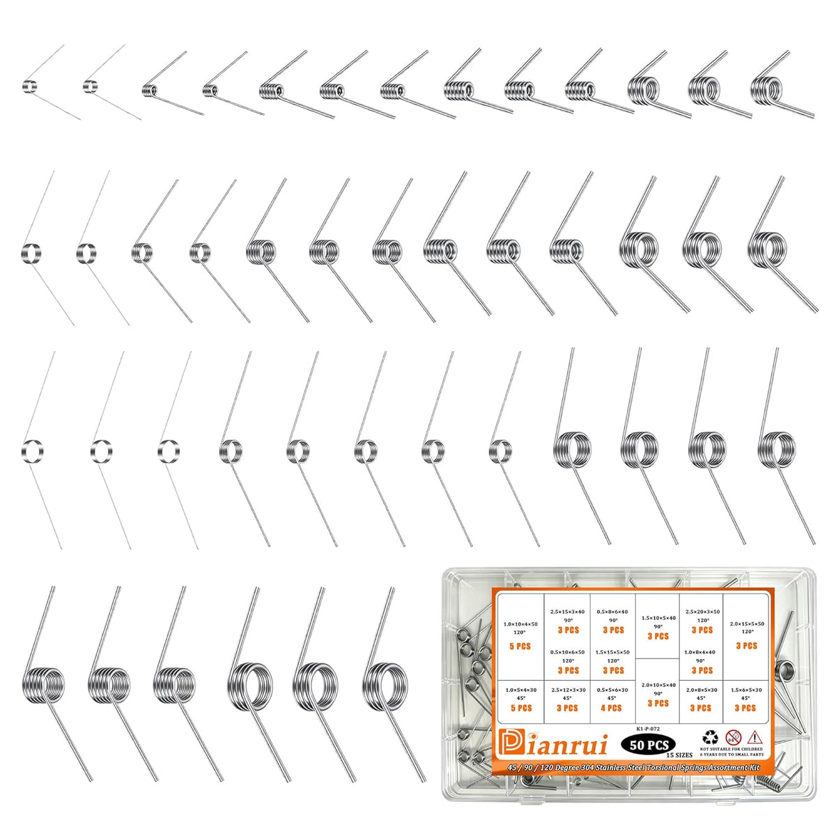 50 PCS Torsional Springs Assortment Kit, 45/90/120 Degree 15 Sizes 304 Stainless Steel Mechanical Small Torsion