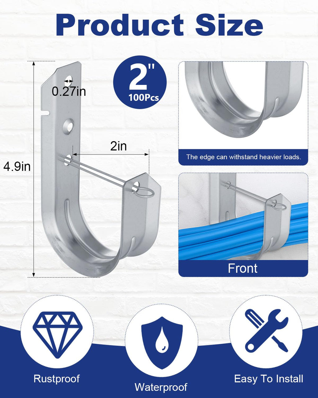 AOKLIT 100 Pcs 2" J Hooks, Galvanized Steel Cable Hook for Cable Management