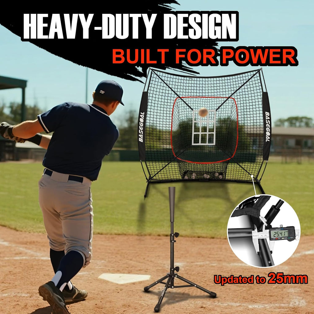 6x6ft Baseball Practice Net with Batting Tee,Caddy and Strike Zone | Baseball backstop net with 7-strand knotless