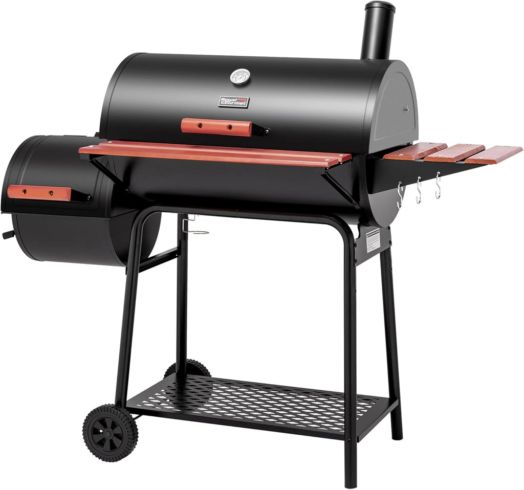 30-Inch Charcoal Grill with Offset Smoker, Wood-Painted Table