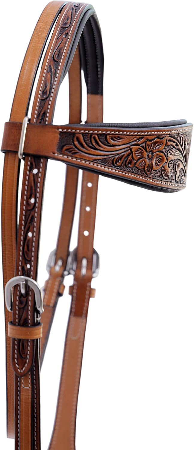 Horse Headstall, Natural, Super Leather, Antique, Tooling, Quick Bit Change Padded Western Browband Headstall