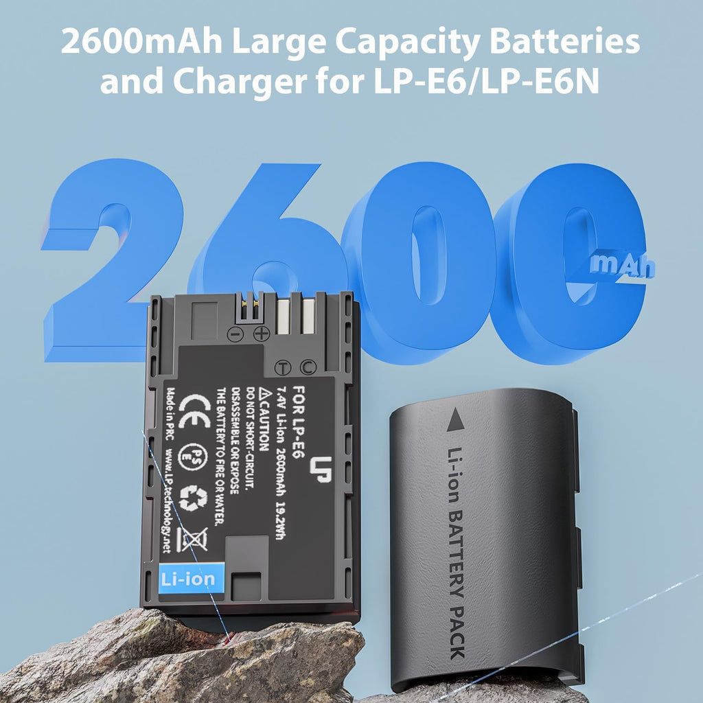 LP-E6 LP-E6N Battery and Charger Pack, 2-Pack 2600mAh Battery Compatible with Canon EOS 90D,80D,70D,60D,60DA,7D Mark