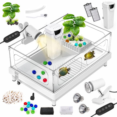 Small Turtle Tank Kit(Tank+Lamp+Filter), Acrylic Aquarium Turtle Starter Kit Habitat with Multi-Functional Areas for