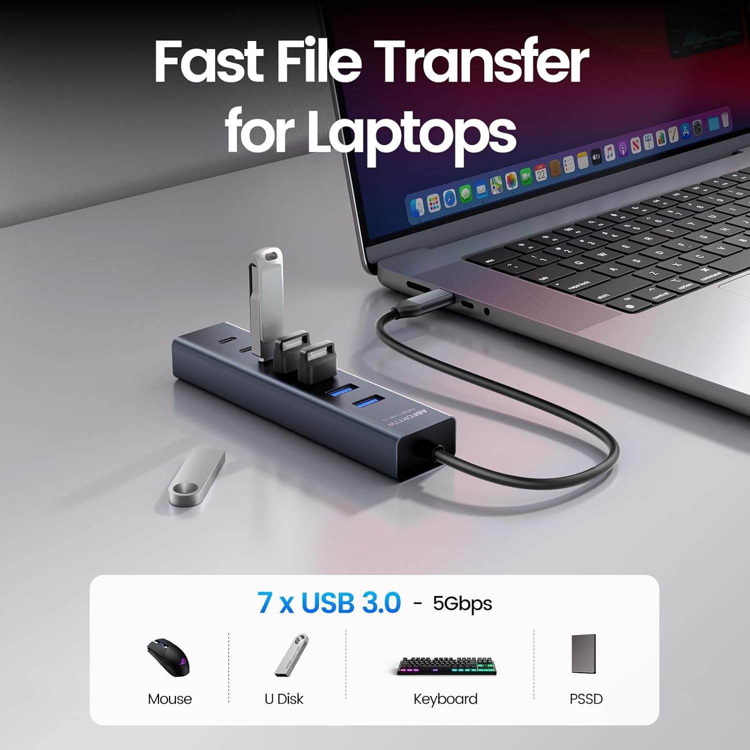USB C to USB Hub Multiport Adapter, Aluminium 7-Port USB C Hub Multiport Adapter, USB Extenders, USB c Splitter for