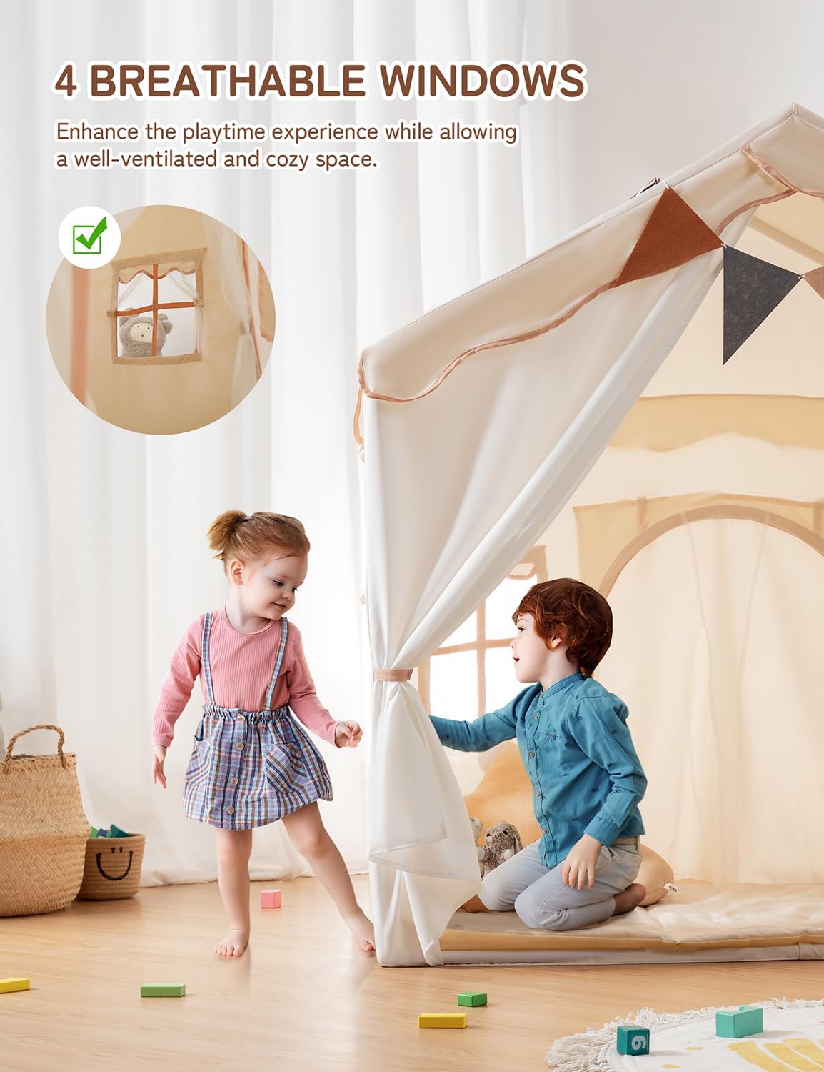 2-in-1 Kids Play Tent, Indoor Tent with Double Doors | 51" x 35" x 51", LED Lights, Soft Floor Mat, 4 Breathable