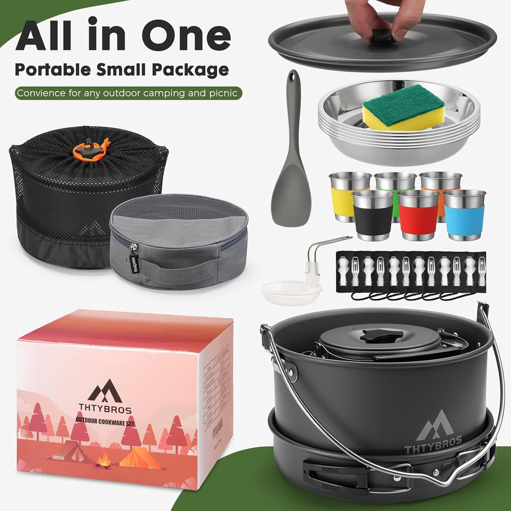 43-Piece Camping Cookware Set,Large Mess Kit for 6 Persons,with 4.75QT Pot,2.1QT Kettle,Frying Pan,Cups,Utensils and