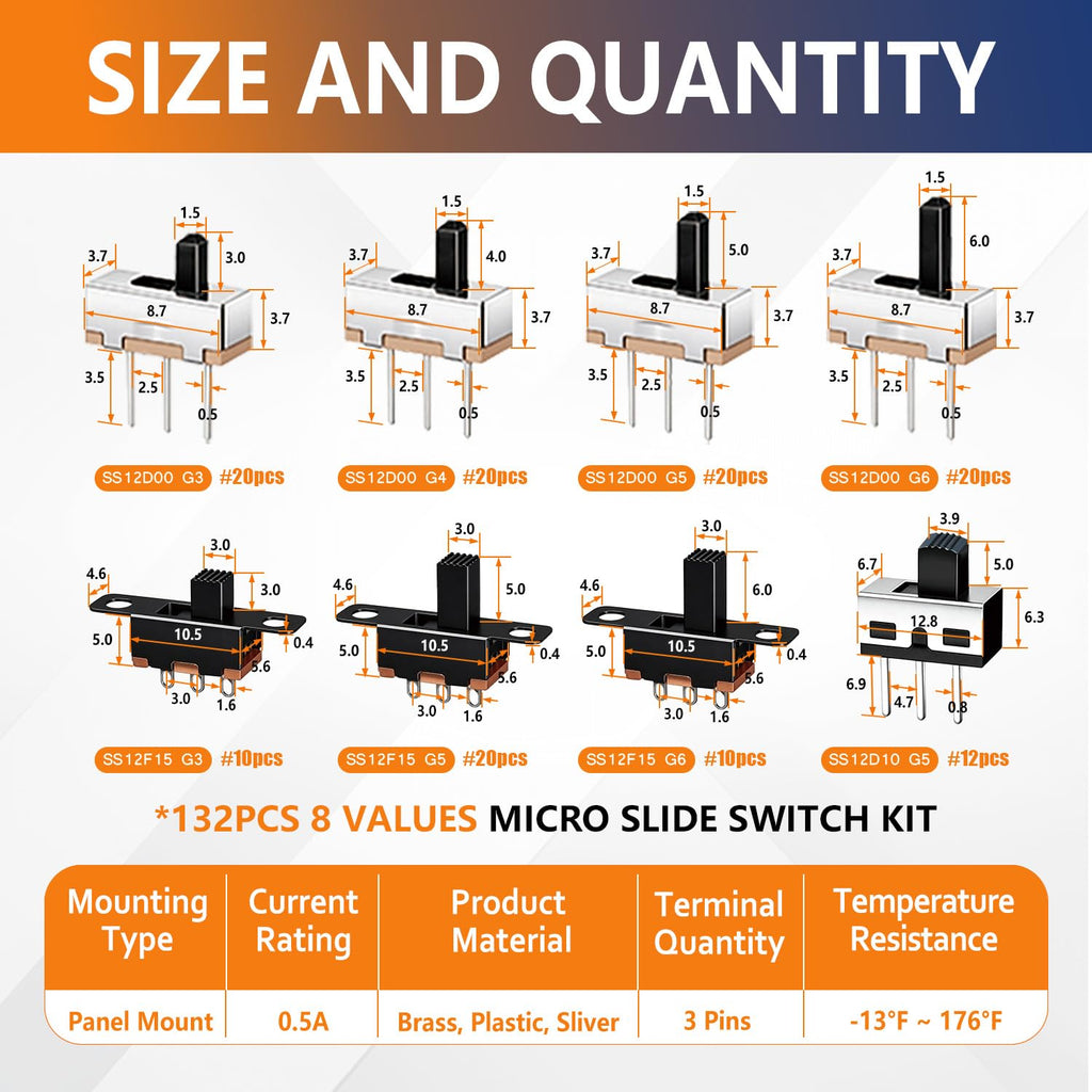 132PCS 8Values Micro Slide Switch Kit Spdt 1p2t Small Toggle Switch Mini Vertical Panel Mount ON Off Assortment 2 Position 3 Pin SS12D00 SS12F15 SS12D10