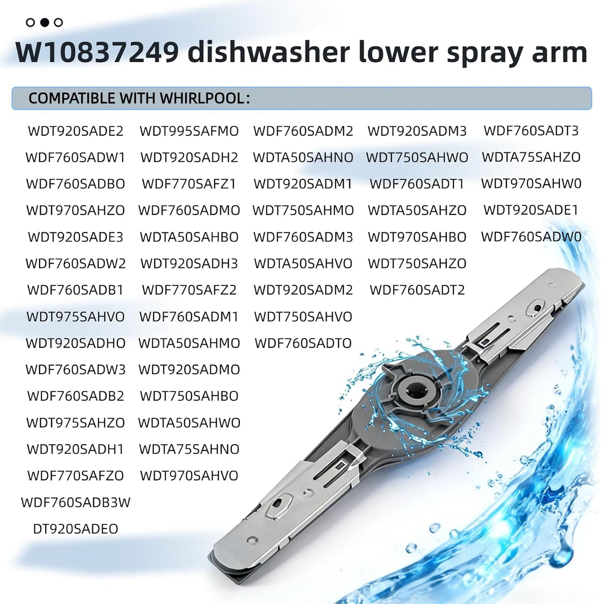 W10837249 Dishwasher Lower Spray Arm Compatible with Whirlpool Dishwasher Spray Arm WDT750SAHZ0 WDTA50SAHZ0 WDT970SAHZ0 Replacement for W10629546 PS11727921 AP5988717 W10838302-Upgraded
