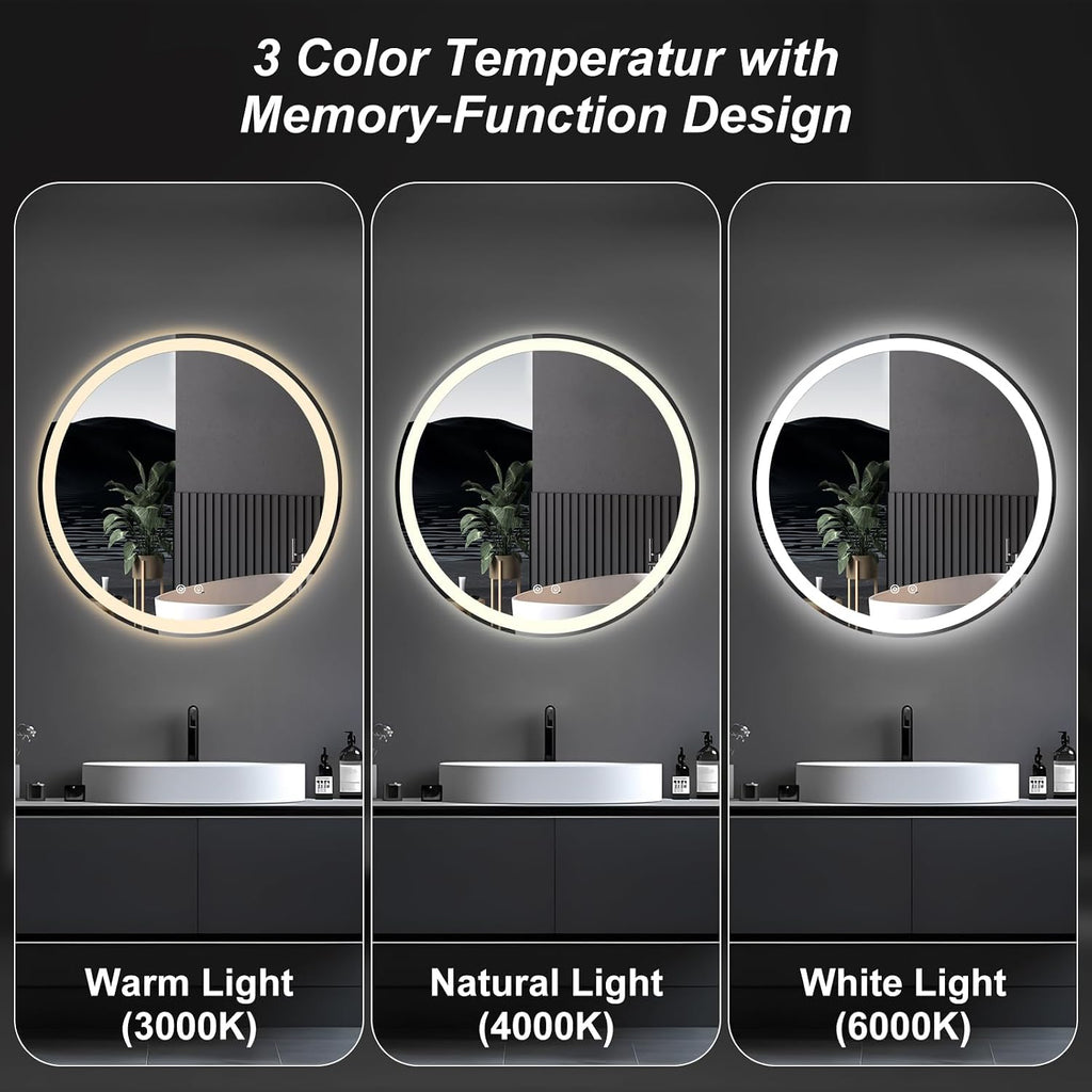 36 Inch Round LED Bathroom Mirror with Lights, Circle Vanity Mirror | Anti-Fog, Dimmable, 3-Color Light, Front Light