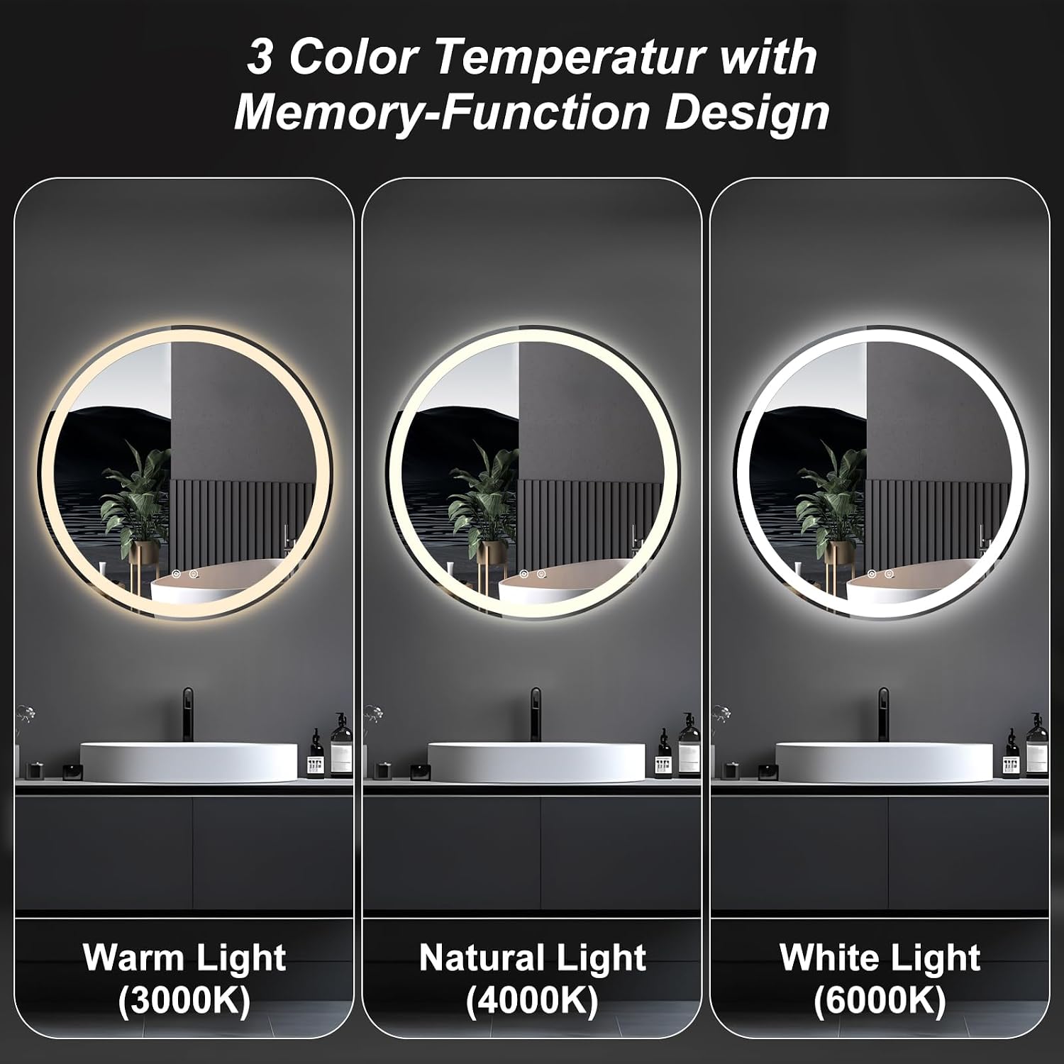 36 Inch Round LED Bathroom Mirror with Lights, Circle Vanity Mirror | Anti-Fog, Dimmable, 3-Color Light, Front Light
