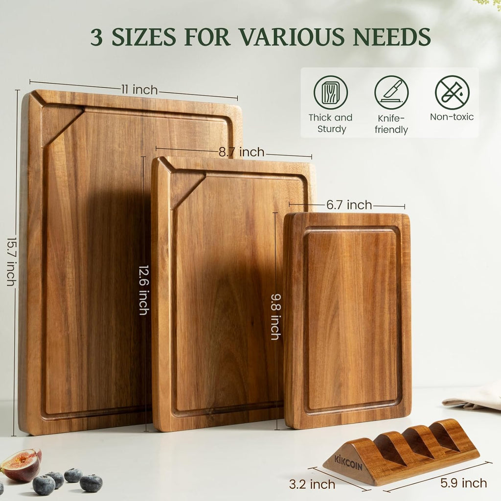Acacia Wood Cutting Boards for Kitchen, Kikcoin 3 PCS Wooden Cutting Board Set with Holder, Chopping Board with