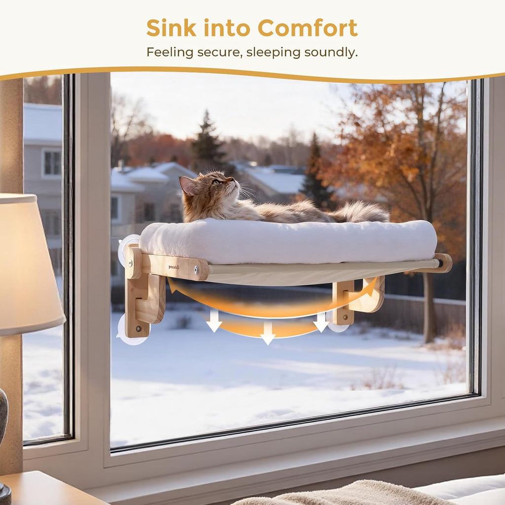 Foldable Cat Window Perch, Cloud-Soft Cat Bed with Solid Wood Frame, Strong Suction Cup, Washable Cushion, Stable