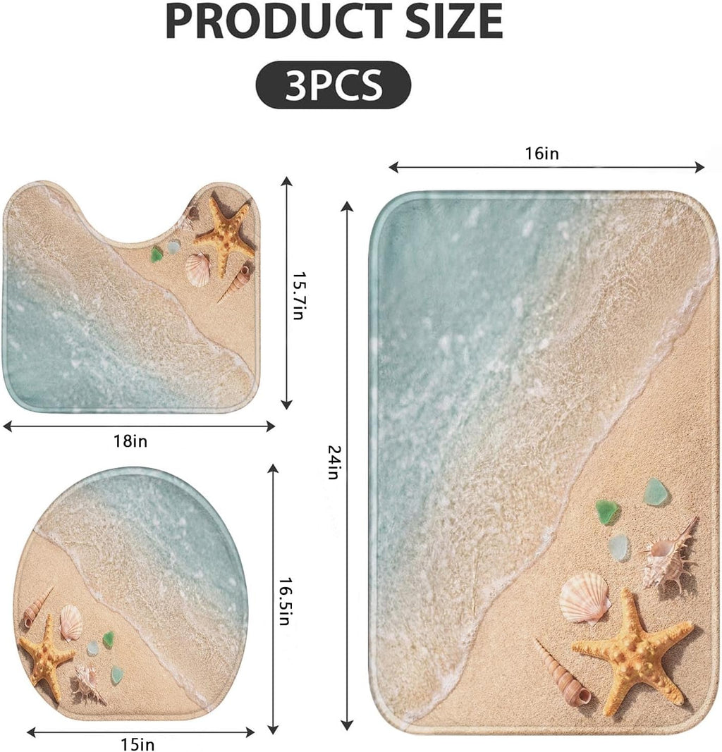 Bathroom Rug Set of 3, 3 Pieces Bath Mats Set, Beach Starfish No Silp Washable Cover Floor Rug Decorations for