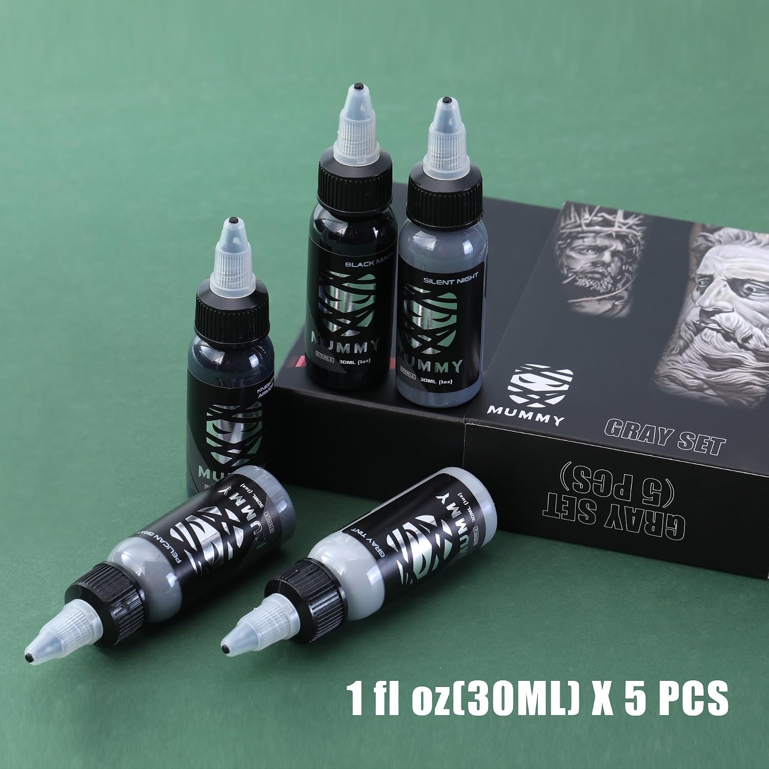 Grey Series Tattoo Ink Set - 5 Bottles (1 oz Each) Includes: Black Magic, Knight's Armor, Silent Night, Pelican Gray