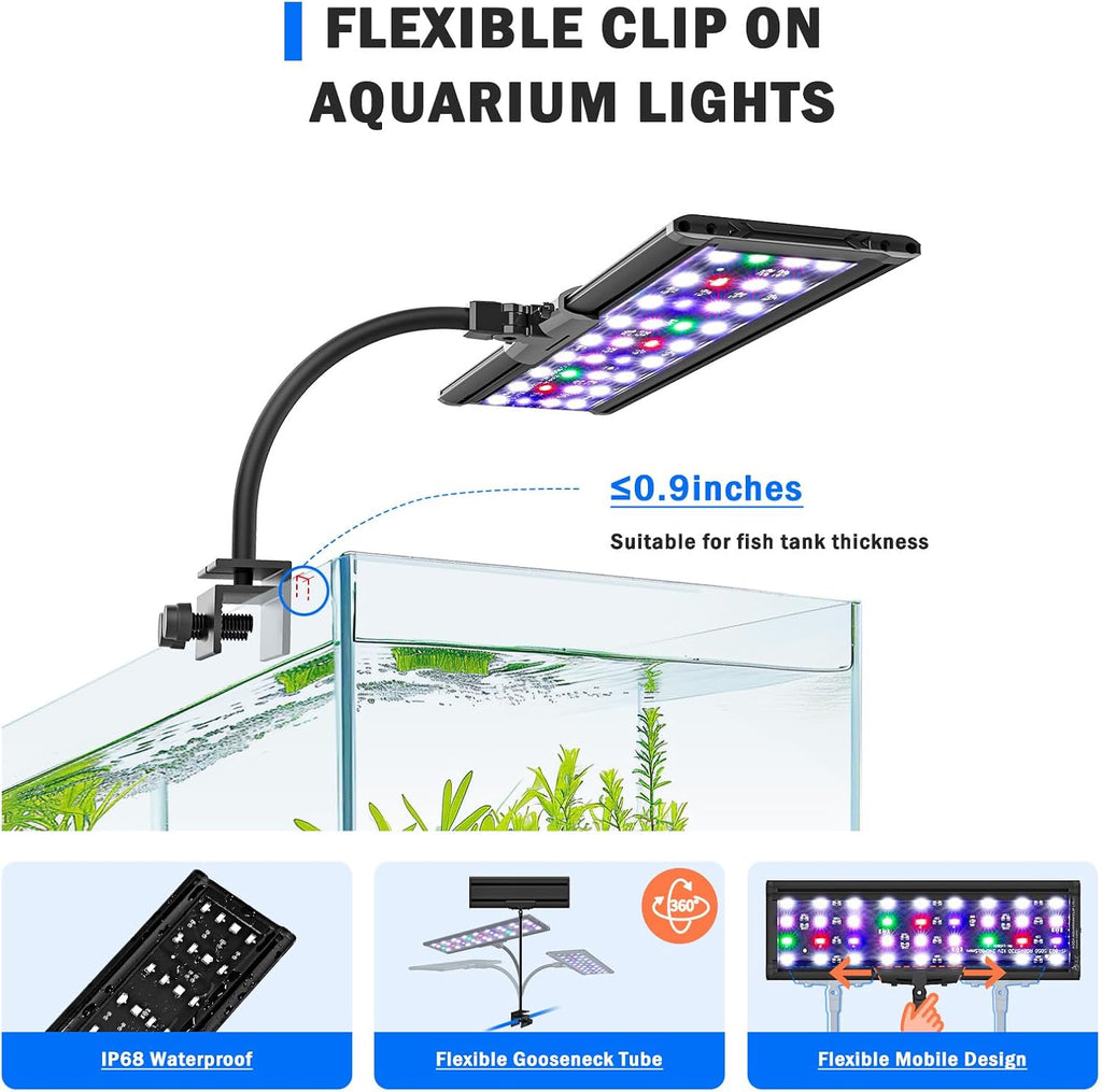 Clip On Aquarium Light, 24/7 & DIY Mode Full Spectrum Fish Tank Light | Adjustable Timer & Brightness, Memory