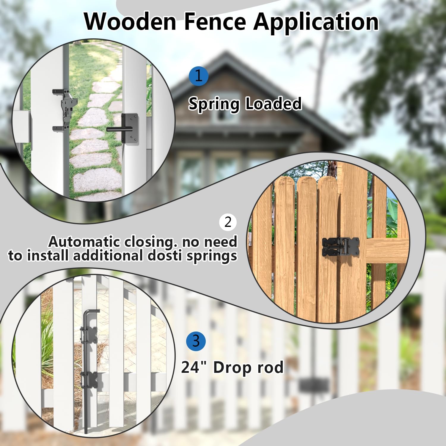 Self Closing Fence Hinges, 24" Drop Rod Cane Bolt for Gates - Easy to Install- Heavy Duty Gate Stopper Hardware for