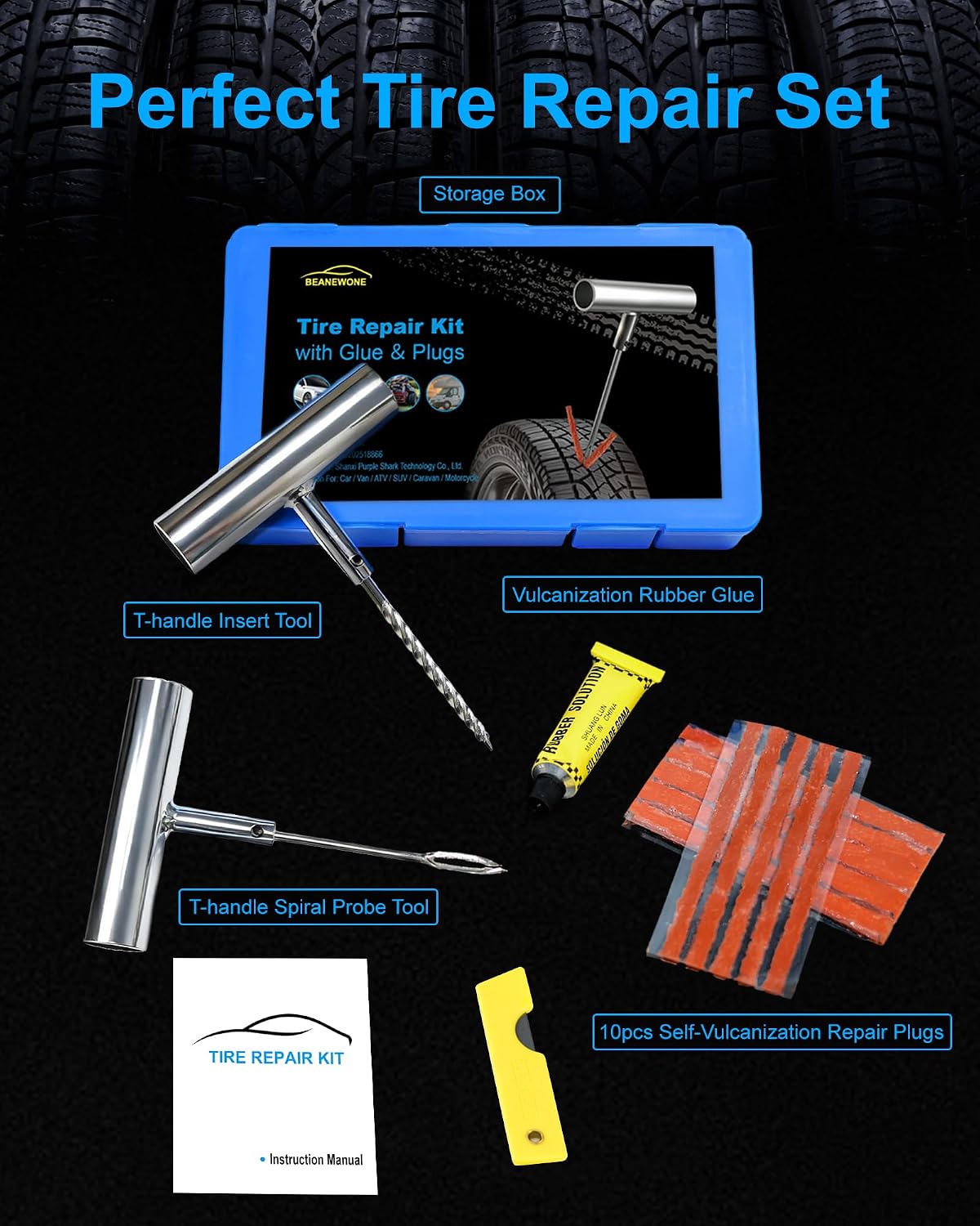 Tire Repair Kit with Plugs, Tire Plug Kit Heavy Duty Professional for Car, ATV, Motorcycle, Truck, Flat Tire