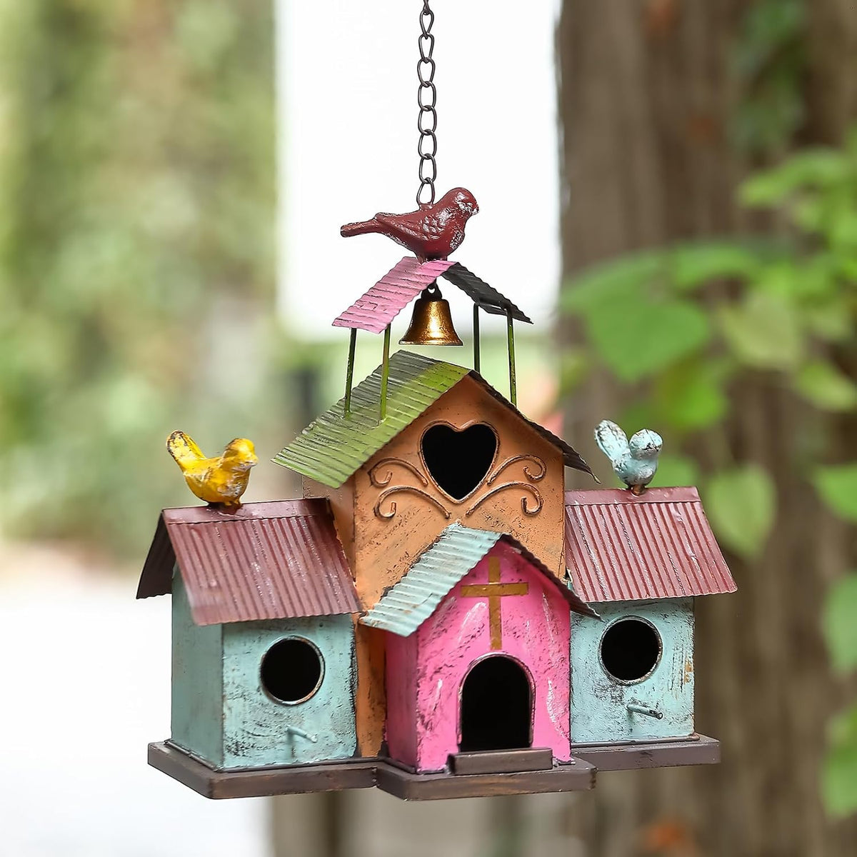 Large Bird Houses for Outside Hanging, 4 Hole Outdoor Bird House with Bell, Easy Clear, Colorful Metal Bird Houses