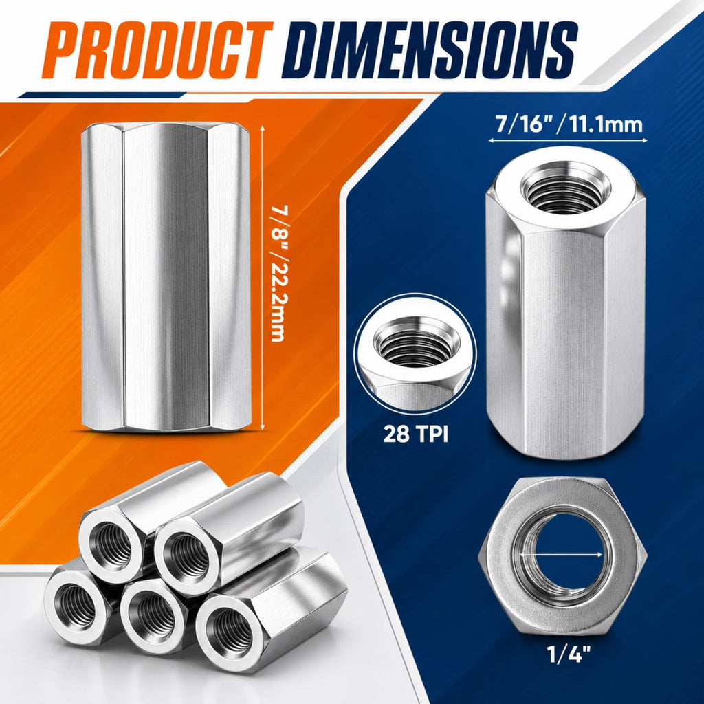 5 Pcs 1/4-28 X 7/8" Coupling Nuts Zinc for Threaded Rod