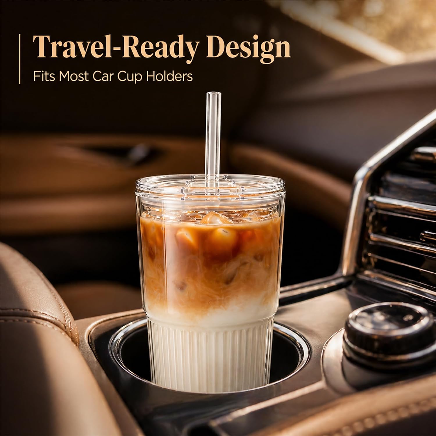 Ribbed Glass Cups with Lids and Straws (2 Pack), 16oz Iced Coffee Glass Tumbler, Leak Proof Coffee Cup To Go