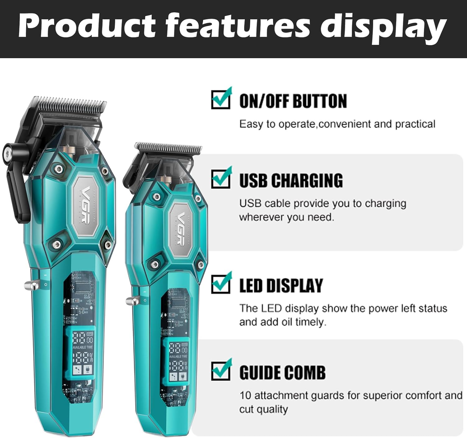 Professional Hair Clippers for Men, Cordless Barber Clippers and Trimmers Set, Mens Hair Cutting Kit with 10 Guide