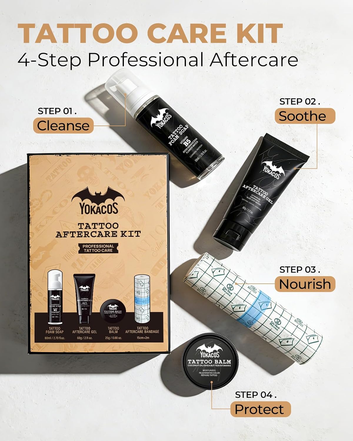 Tattoo Aftercare Kit 4-Piece Set, Tattoo Balm, Gel, Cleansing Foam, Wrap