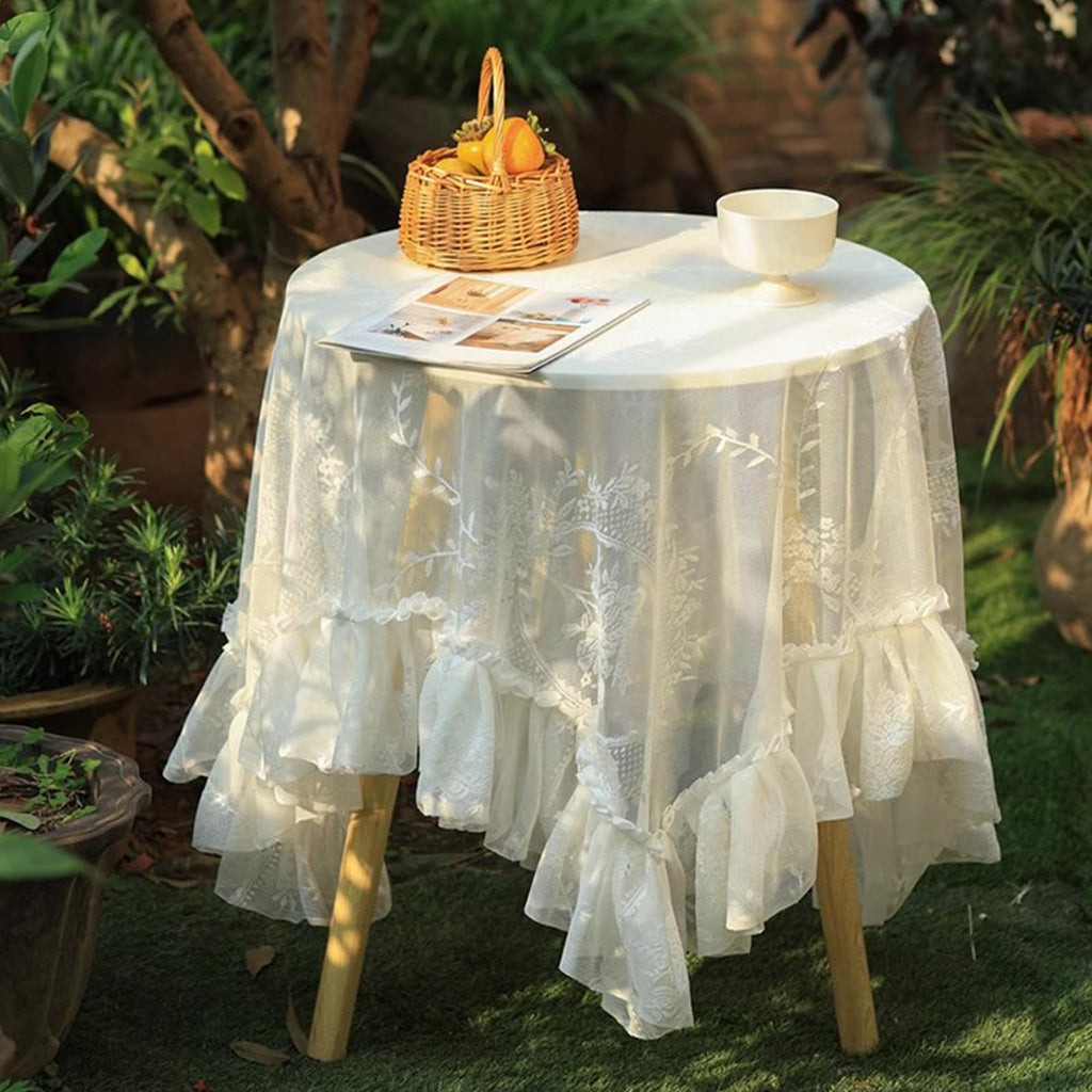 White Lace Round Rustic Tablecloth