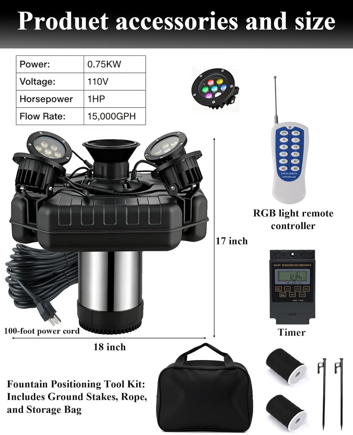 Pond Fountain Aerator with Lights, 1 HP with Dynamic RGB Lighting, Adjustable Modes, Digital Timer