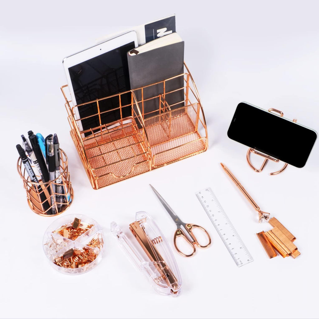 Rose Gold Desk Organizers and Accessories Office Supplies Set Stapler, Pen Holder, Phone Holder, Scissors, Pen
