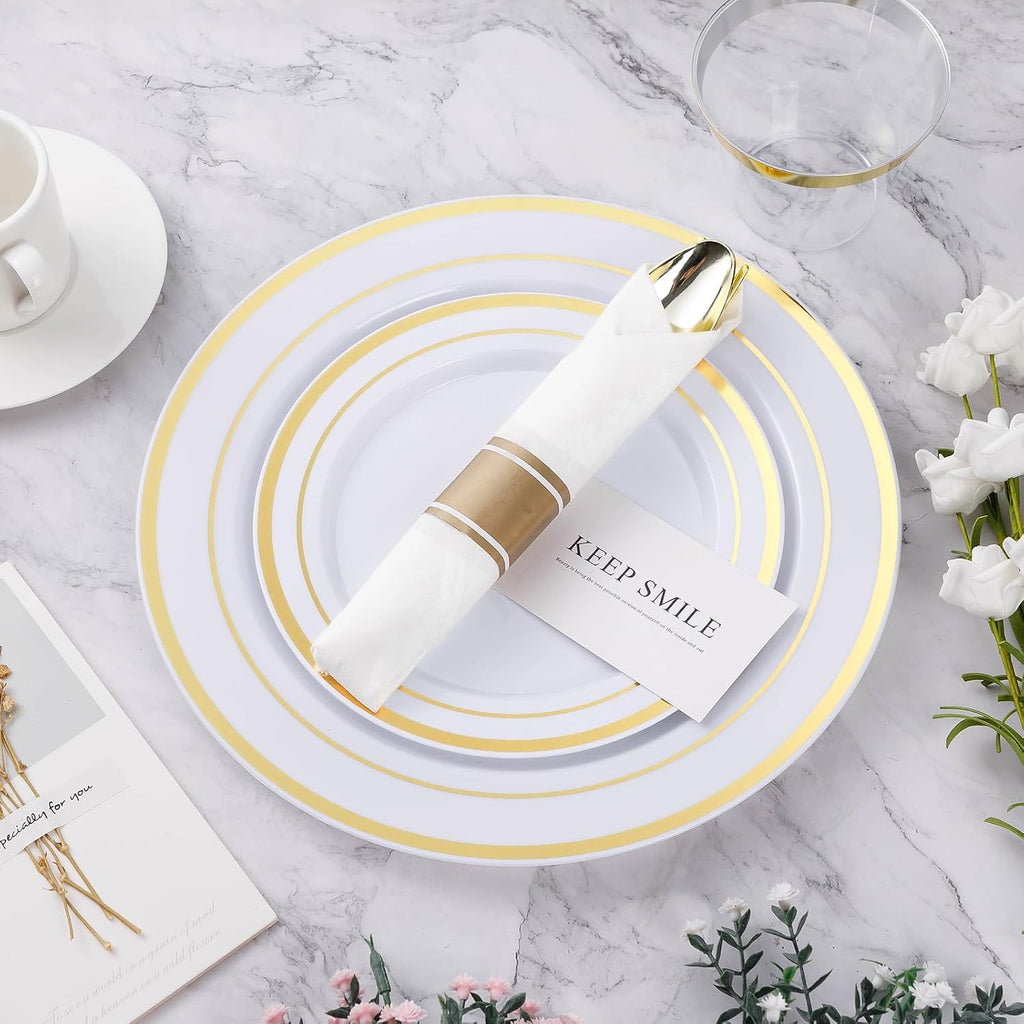 350 Piece Gold Plastic Dinnerware Set for 50 Guests