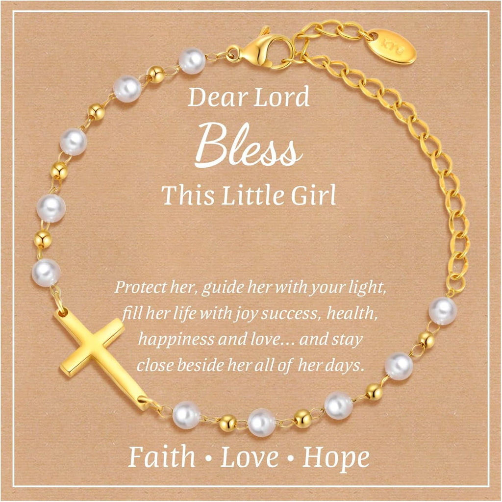 Baby Baptism Cross Bracelet Gift : 18k Gold Plated/Silver Delicate Pearl Cross Bracelets Kids Daughter Granddaughter