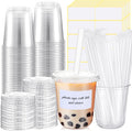 25 Sets Clear Plastic Cups with Lids, Straws and Stickers,14 oz