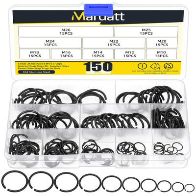 150Pcs 10 Sizes 10mm to 26mm Round Wire C-Clips Internal Snap Rings Assortment Kit, Round Wire Snap Rings Retaining Rings for Shaft, M10 M12 M14 M16 M18 M20 M22 M24 M25 M26