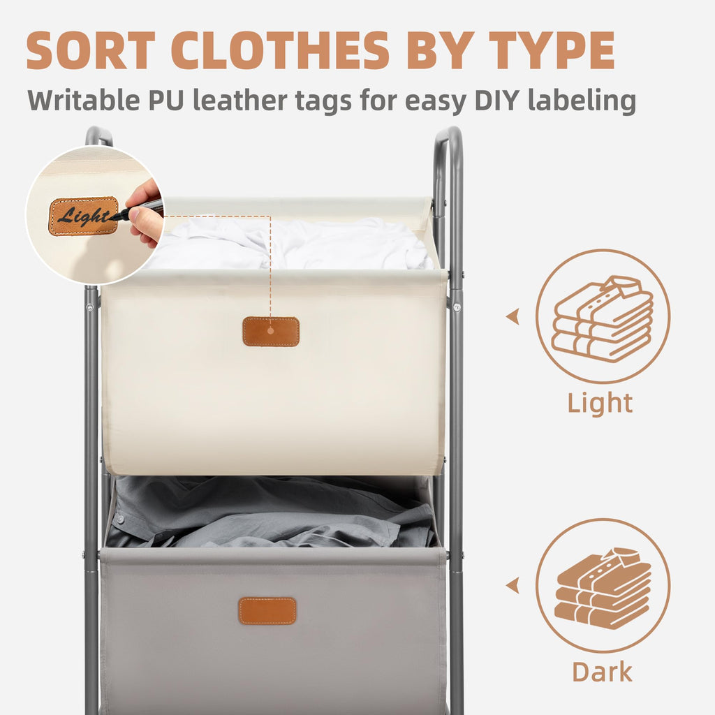 Vertical Rolling Laundry Hamper, 2 Section Laundry Sorter