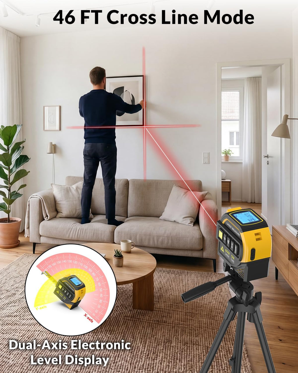 Laser Tape Measure 4-in-1, 197FT Laser Distance Meter with 16FT Auto-Lock Tape, Cross-Line Laser Level, Dual-Axis